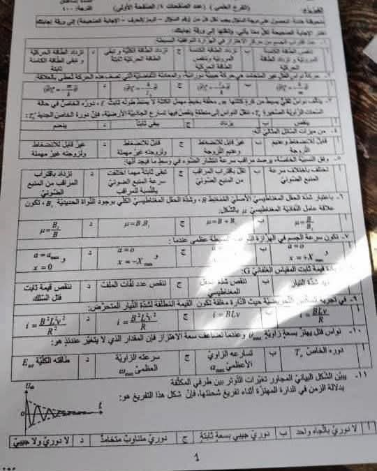 سلم تصحيح فيزياء بكالوريا علمي سوريا 2025